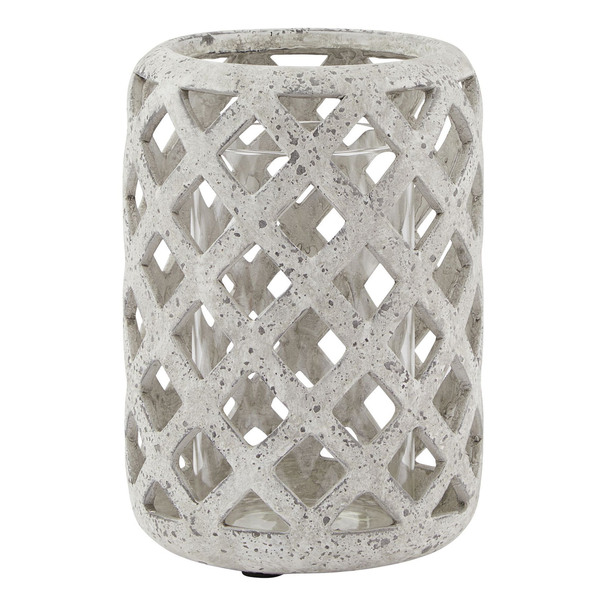 Grey stone effect hurricane lantern in weathered matte ceramic, 23cm