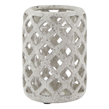 Grey stone effect hurricane lantern in weathered matte ceramic, 23cm