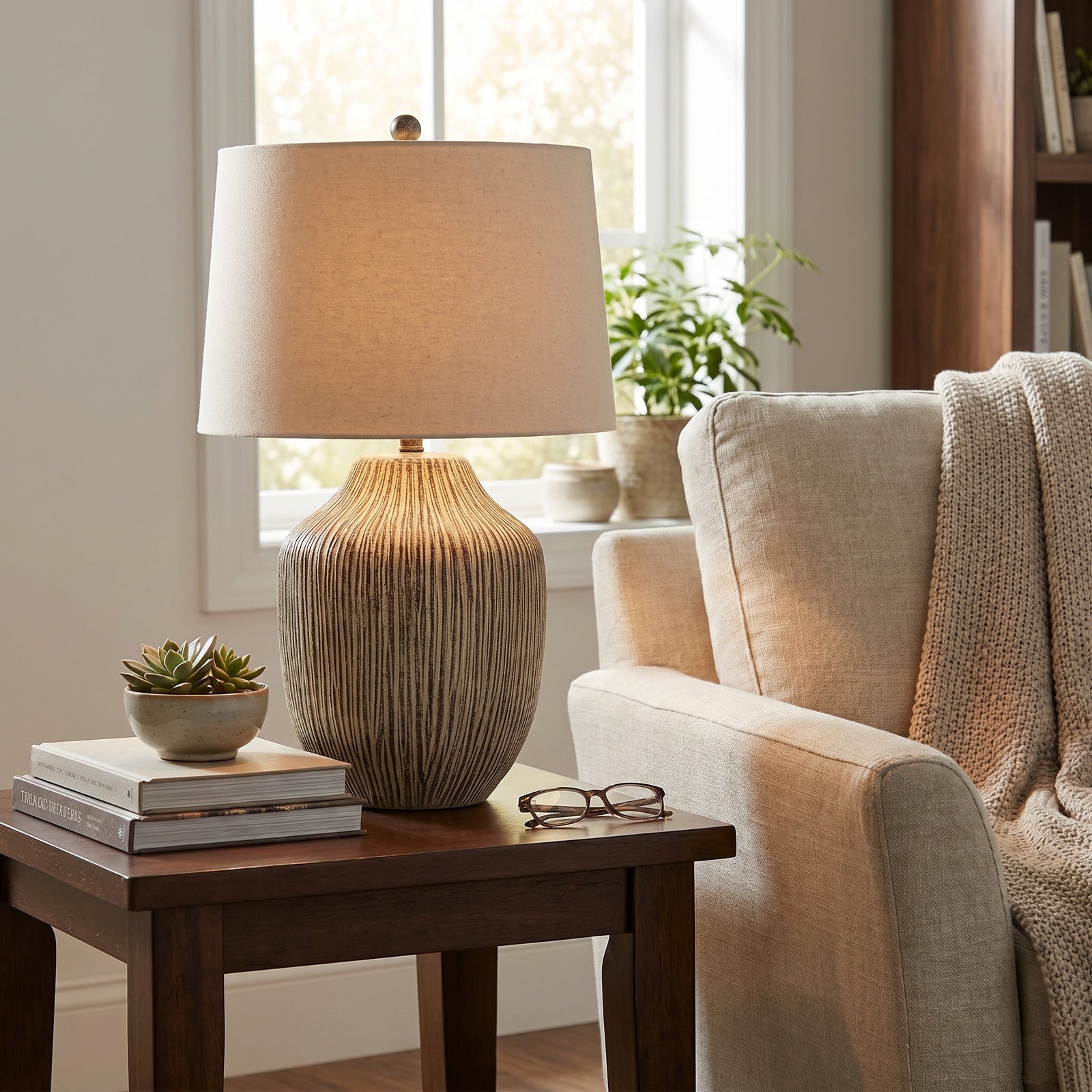 Ochre carved textured table lamp with natural linen shade