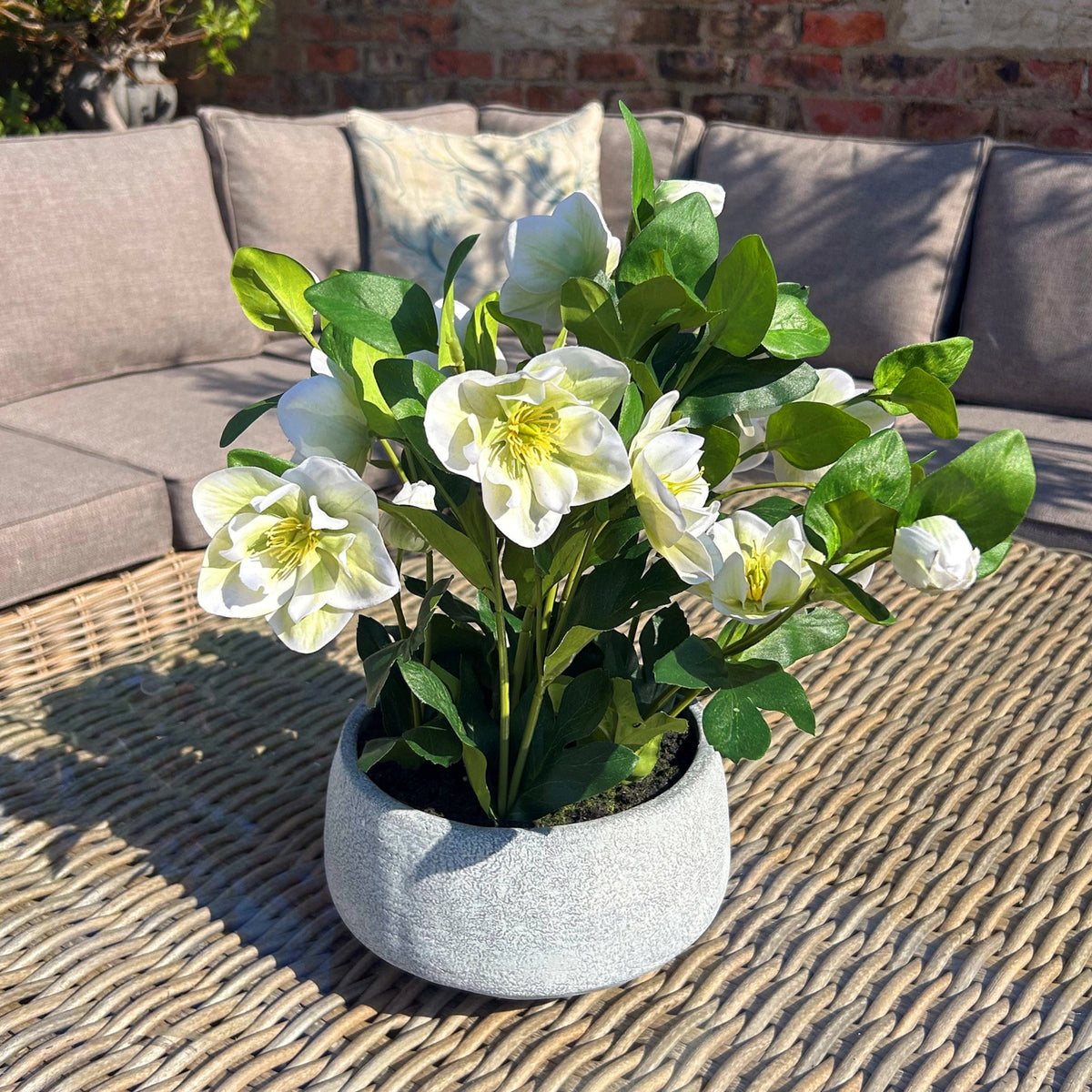 White Hellebore Plant In Grey Pot Artificial Flower detail