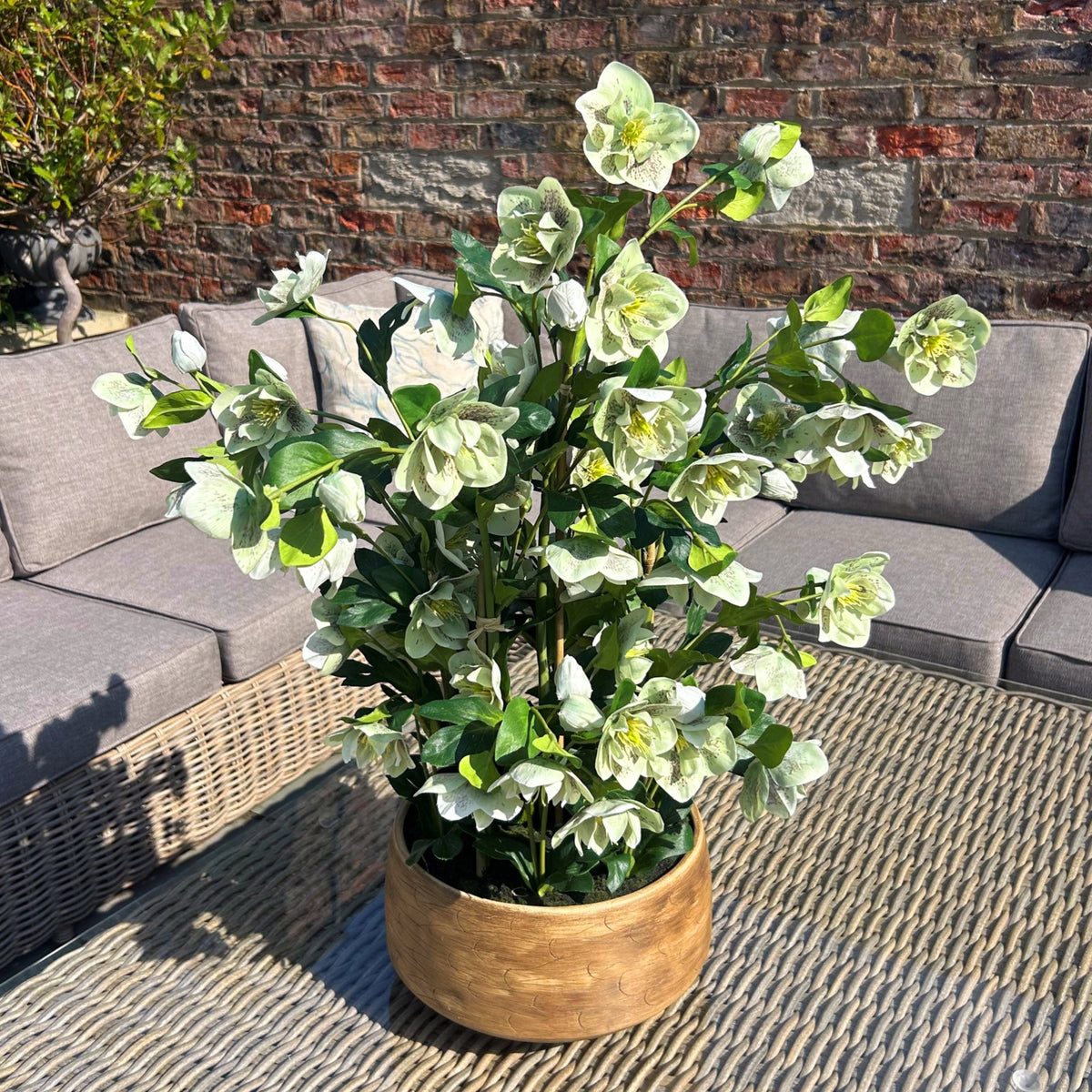 Large Green Hellebore In Taupe Pot Artificial Flower detail