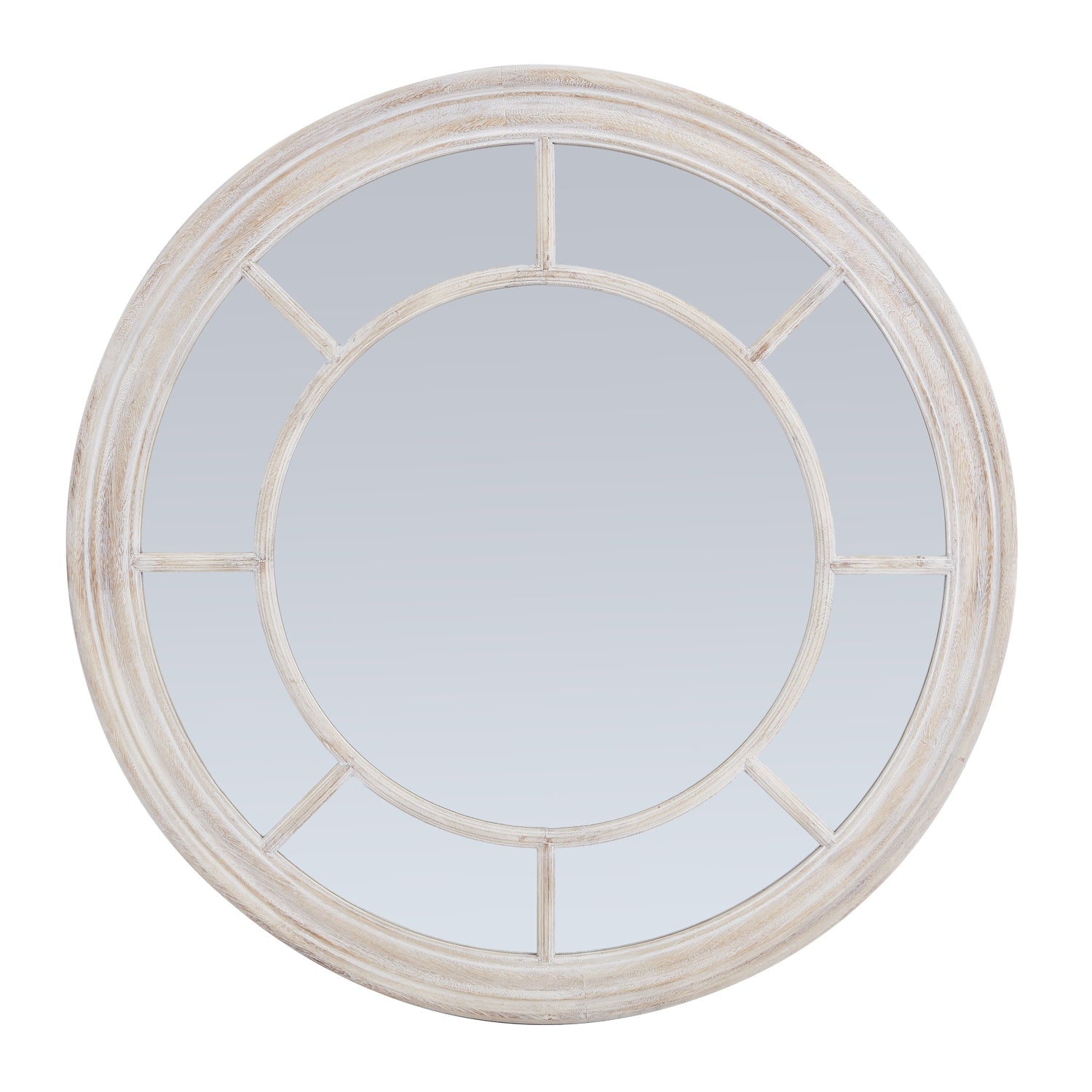 Round Washed Wood Framed Wall Mirror 90cm