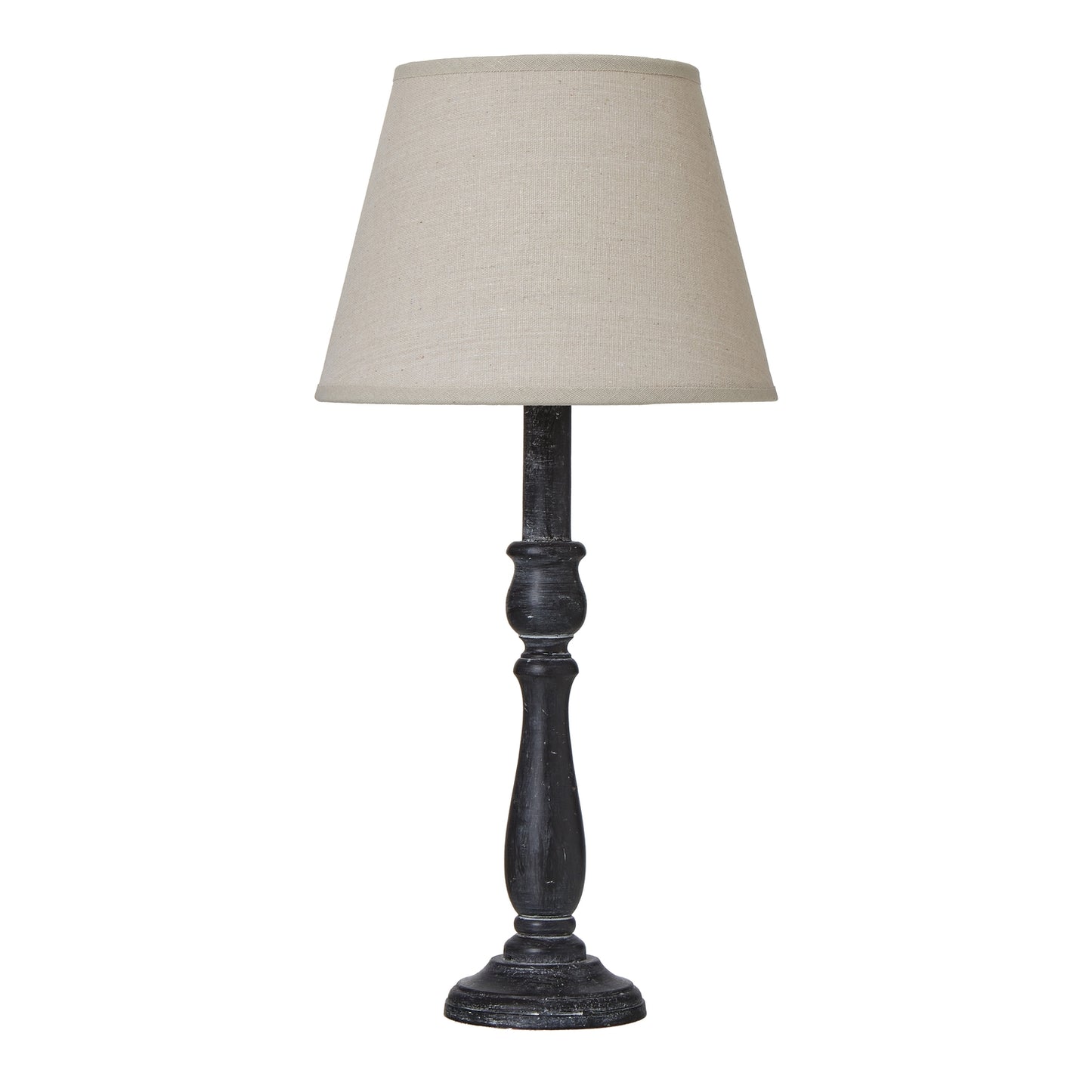 Ravenna column table lamp with distressed black base and linen shade