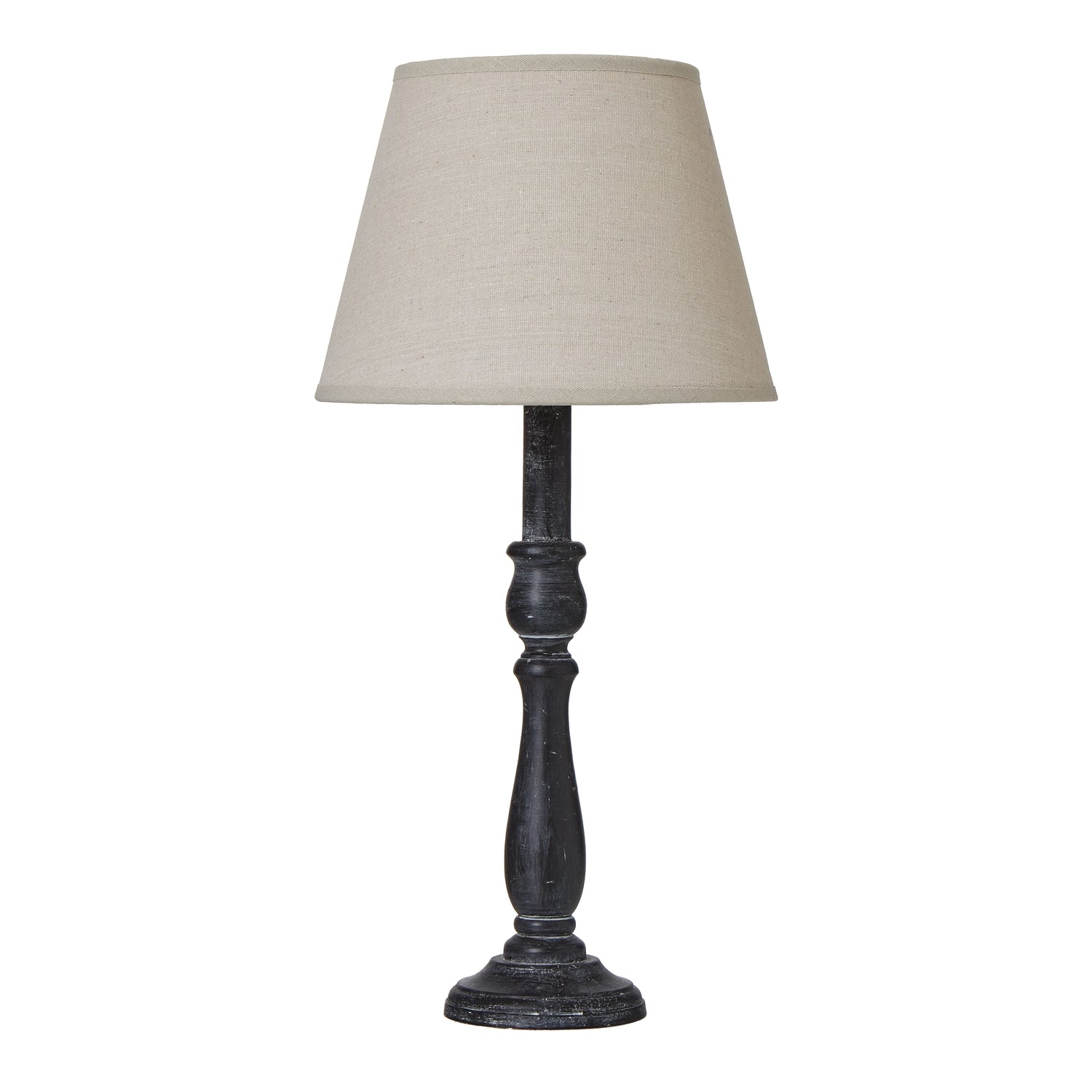 Ravenna column table lamp with distressed black base and linen shade