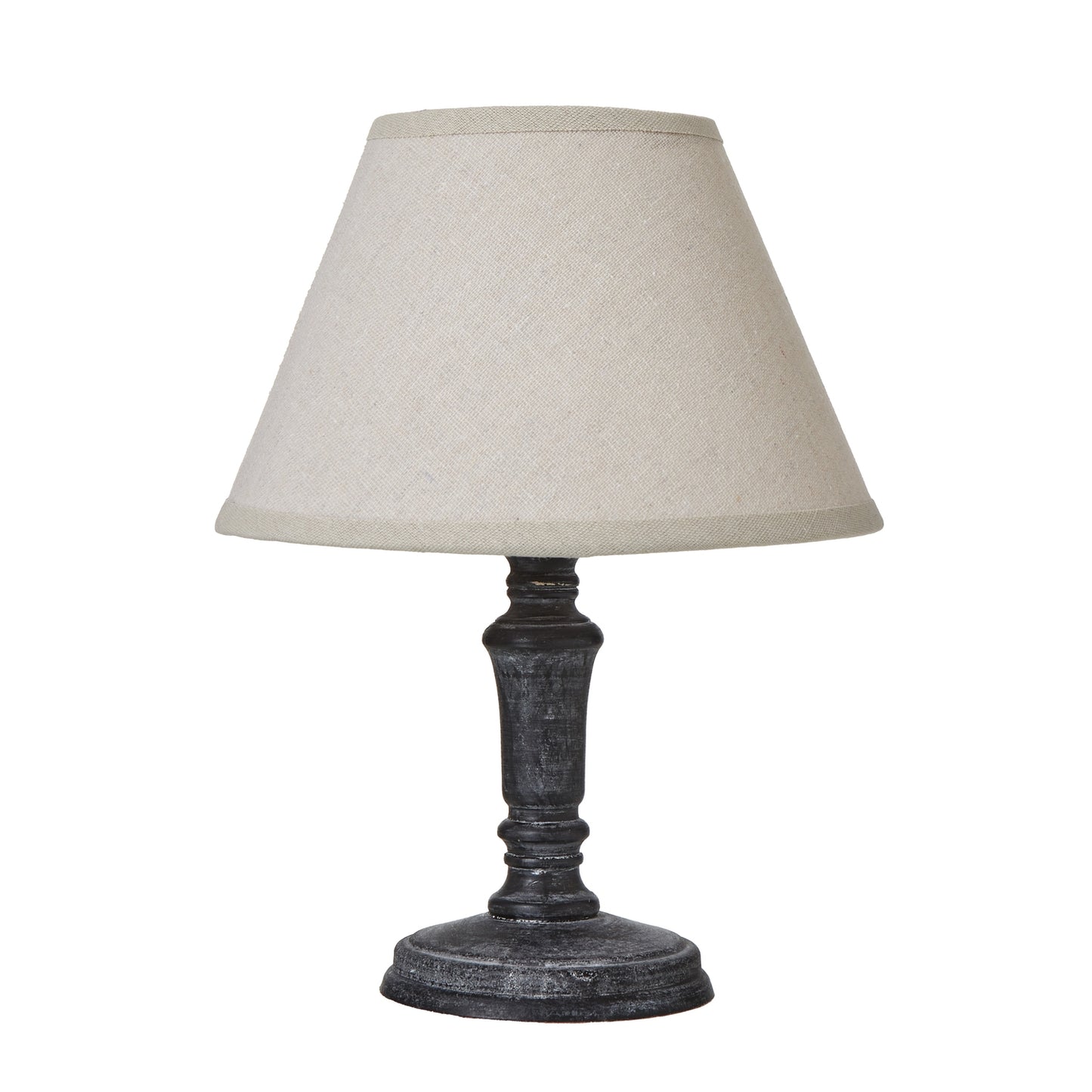 Palmyra column table lamp with distressed dark base and linen shade