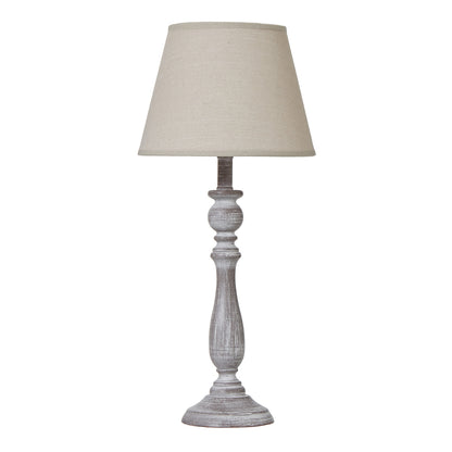 Dunum column table lamp in white carved wood with linen shade