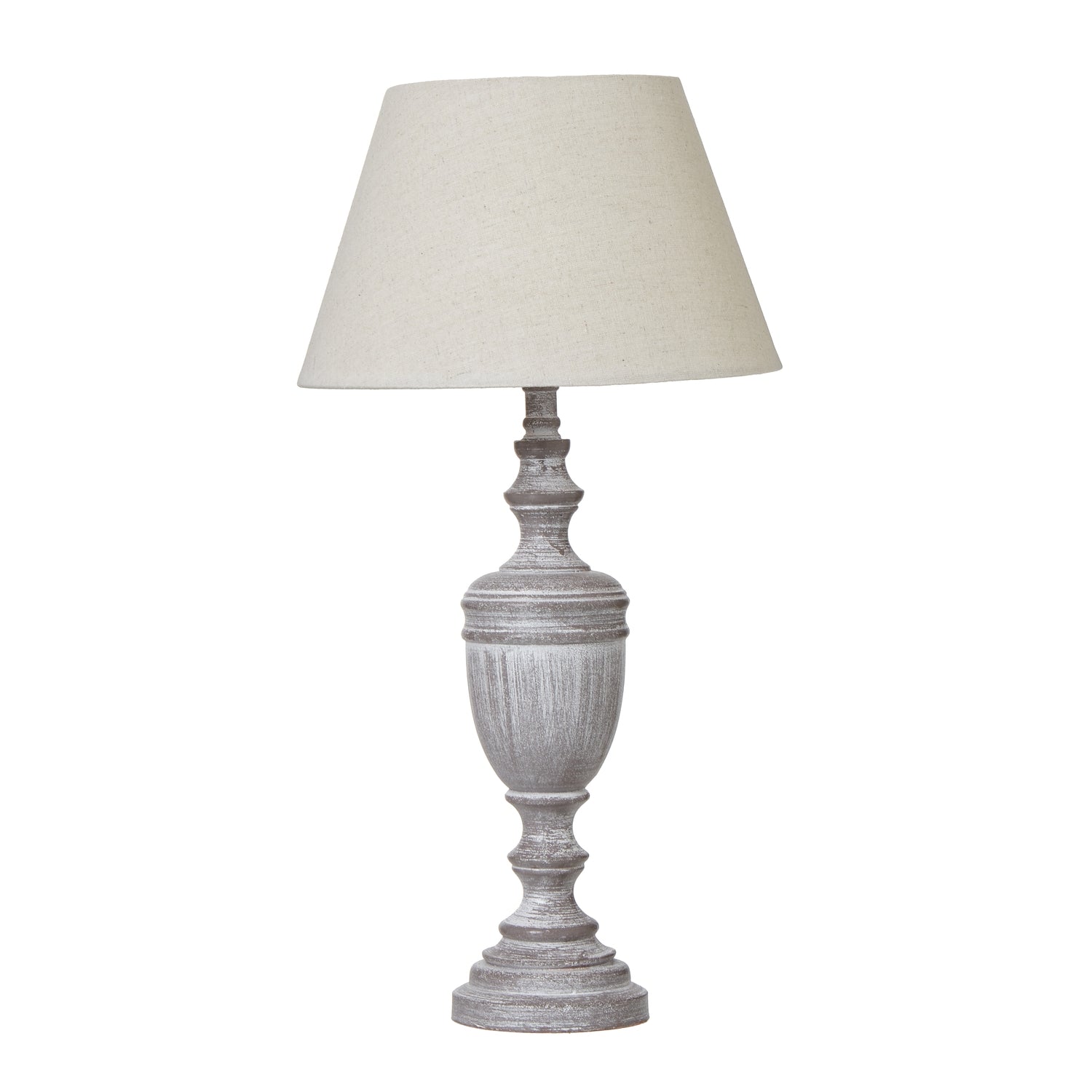 Nola urn table lamp in weathered grey wood with linen shade