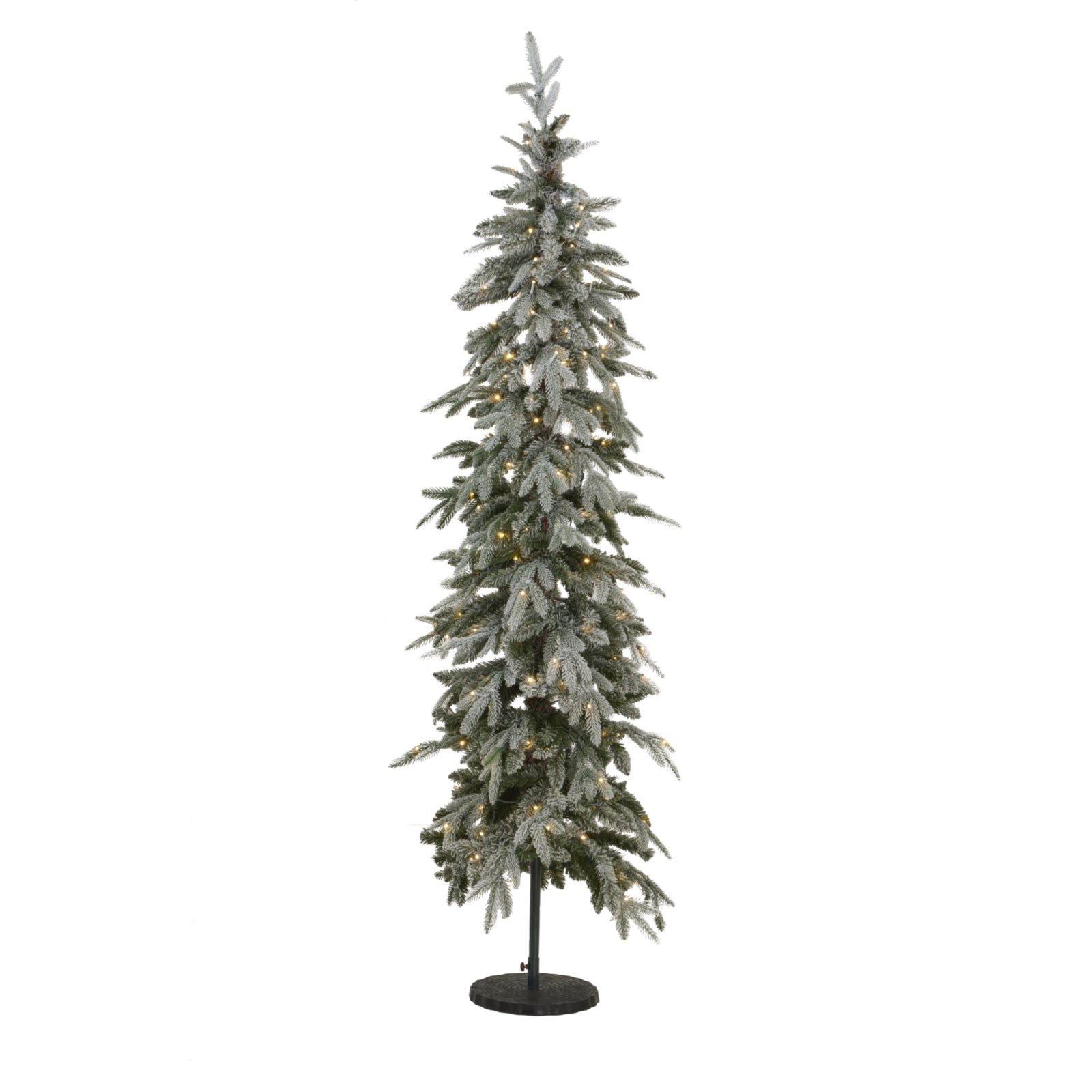 Slim snowy woodland Christmas tree snow-dusted branch detail