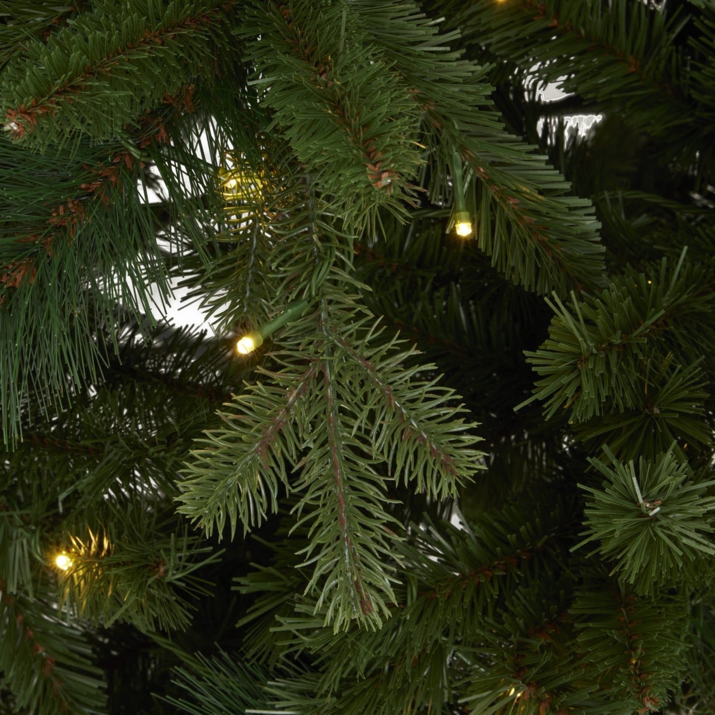 Green forest fir pre-lit Christmas tree shown lit in a room