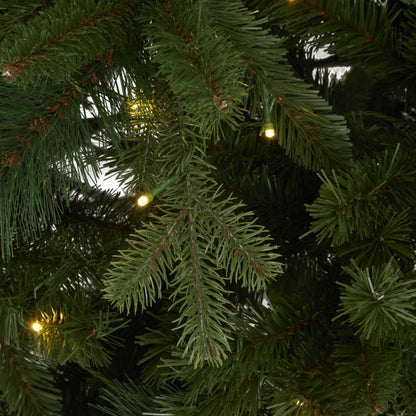Green forest fir pre-lit Christmas tree shown lit in a room