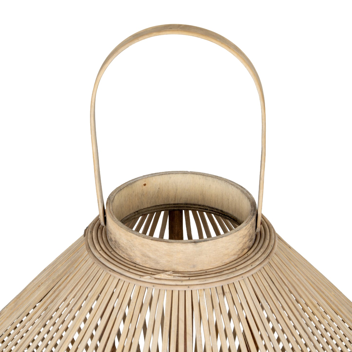 Cone wicker lantern shown lit casting woven shadow patterns