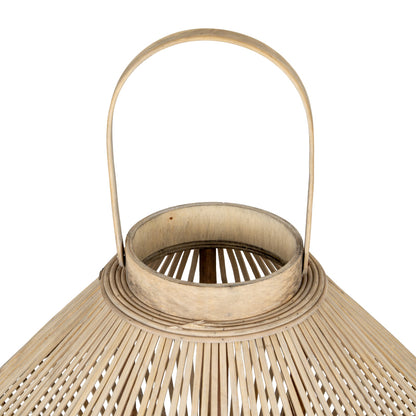 Cone wicker lantern shown lit casting woven shadow patterns