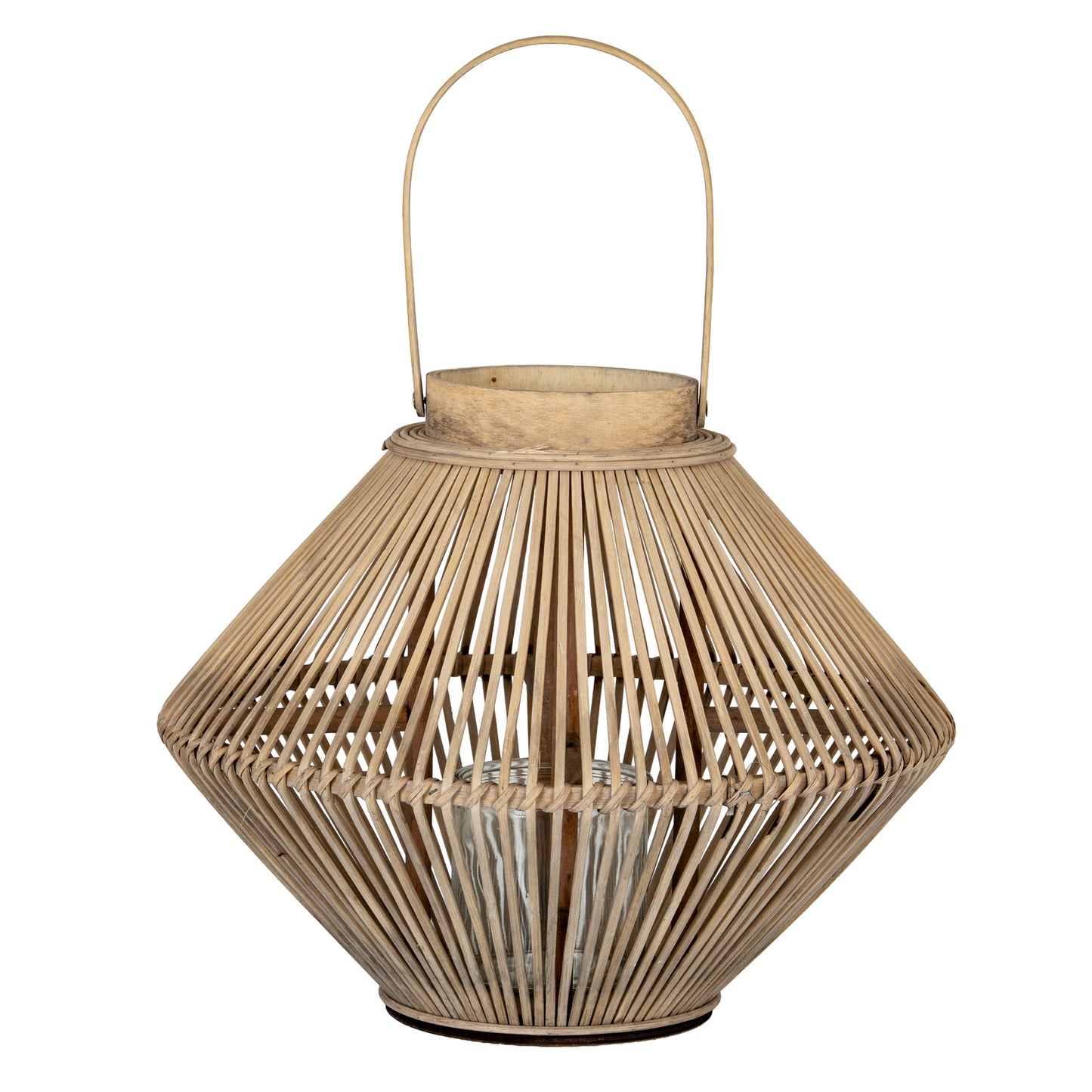 Cone wicker lantern with glass holder in natural woven wicker