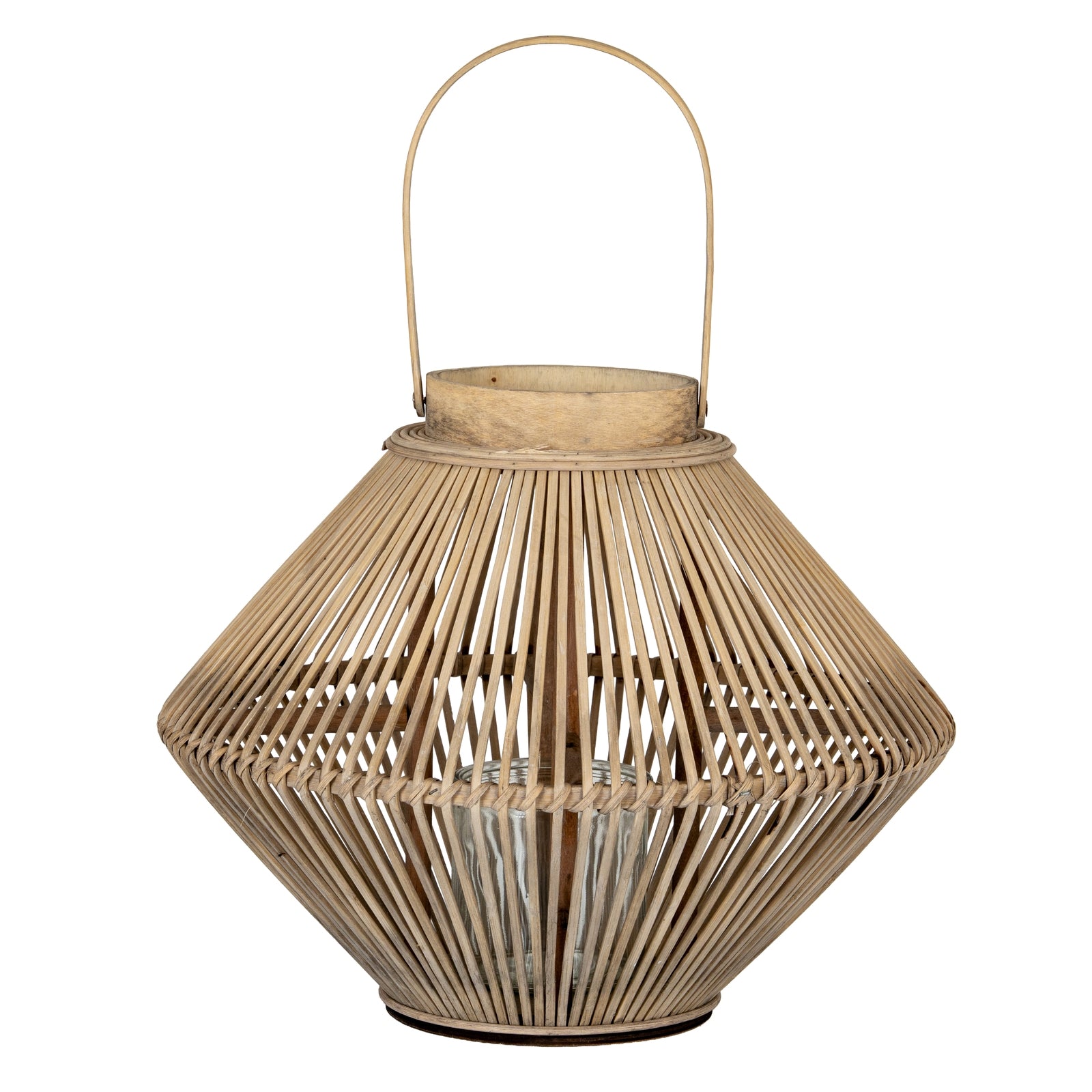 Cone wicker lantern with glass holder in natural woven wicker