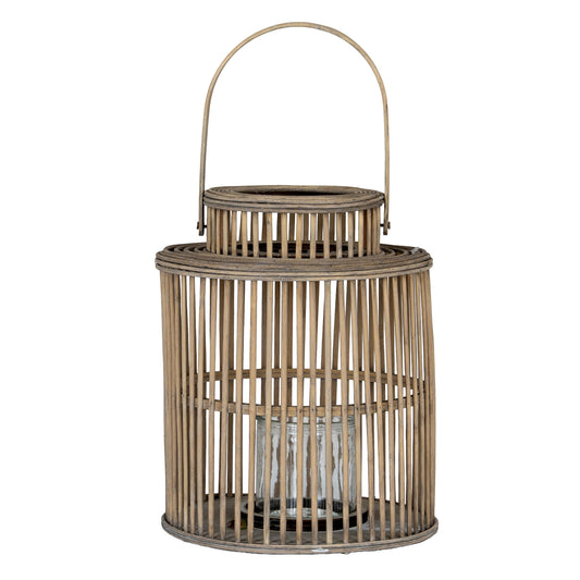 Cylinder wicker lantern with glass holder in natural woven wicker