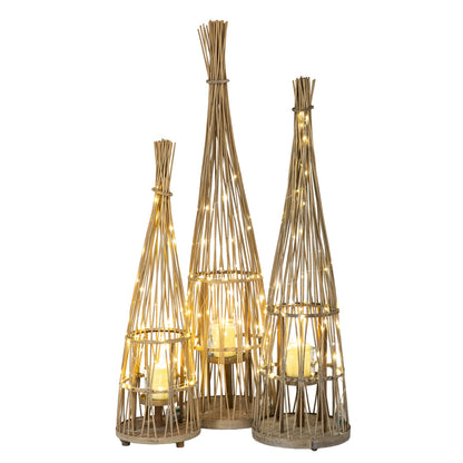 Large conical wicker lantern shown lit with LED lighting