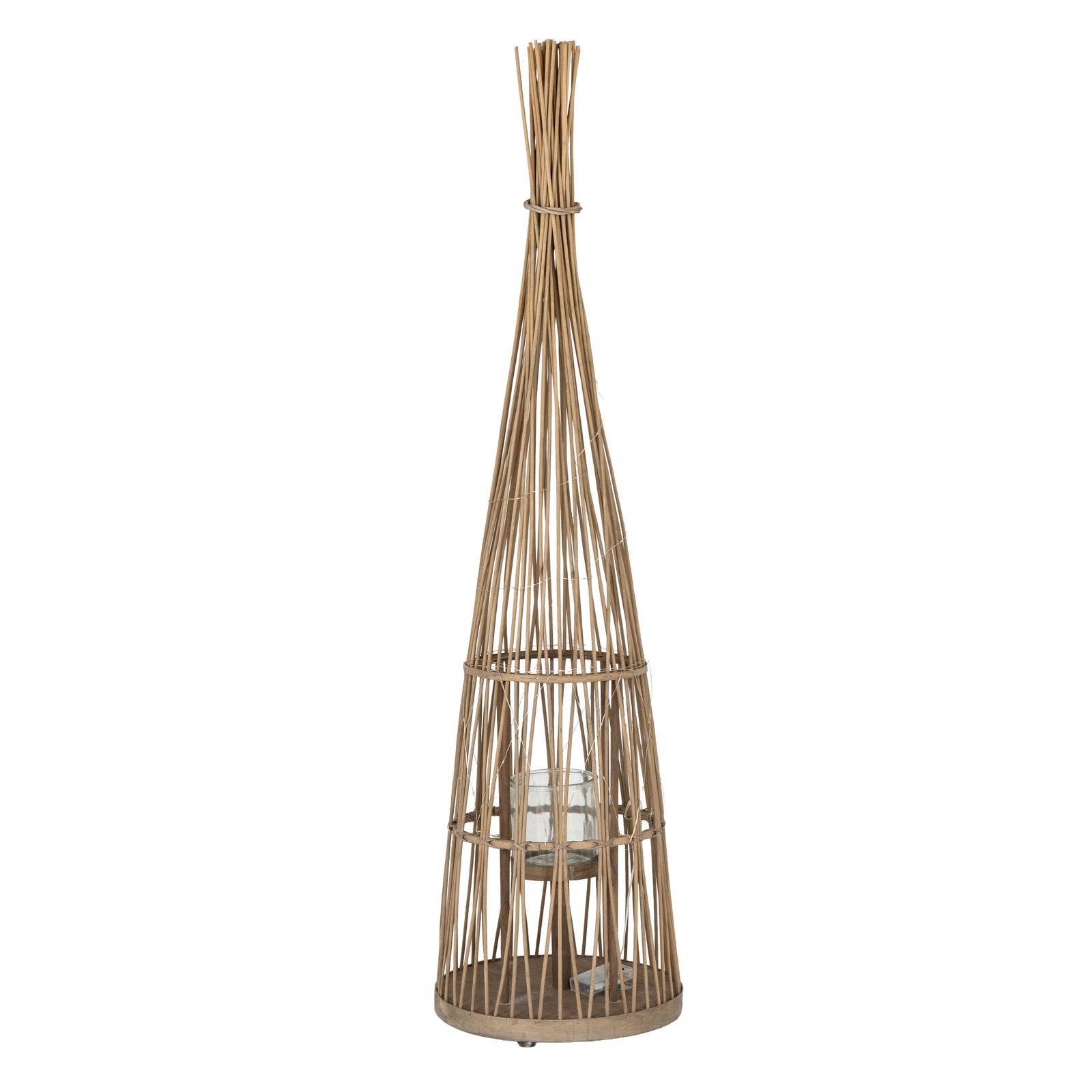 Large conical wicker lantern with LED lights and glass holder, 130cm