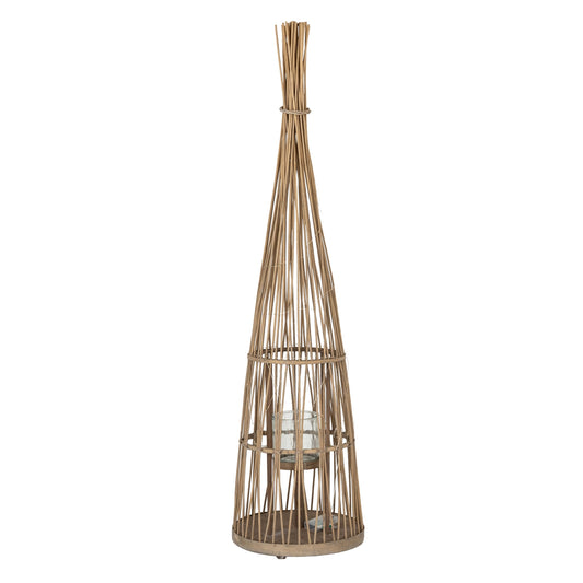 Large conical wicker lantern with LED lights and glass holder, 130cm
