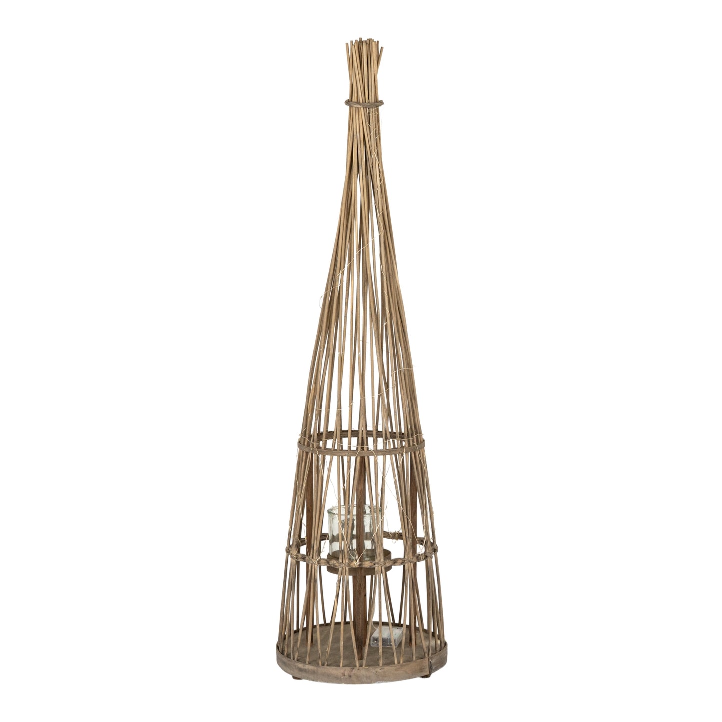 Medium conical wicker lantern with LED lights and glass holder, 110cm