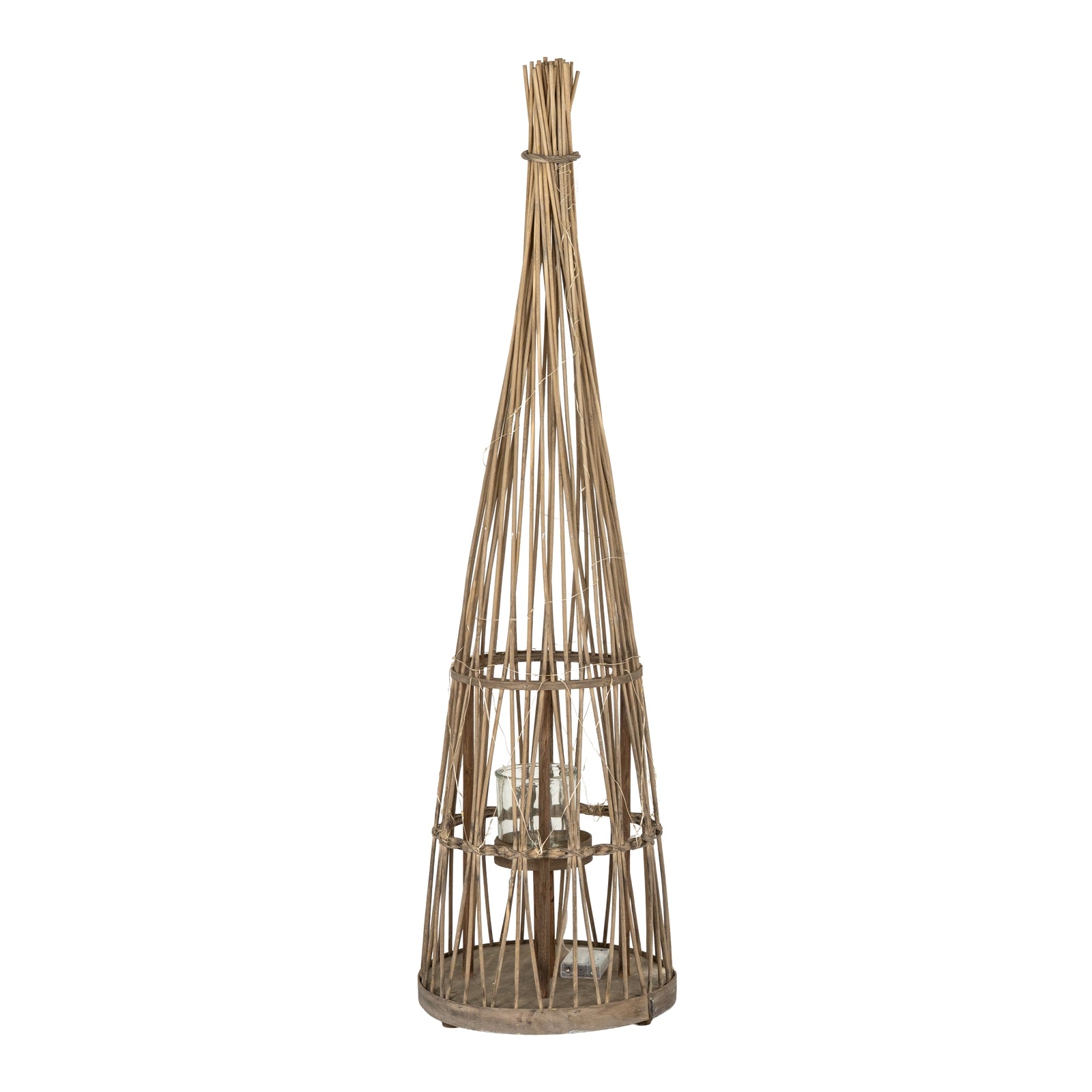 Medium conical wicker lantern with LED lights and glass holder, 110cm