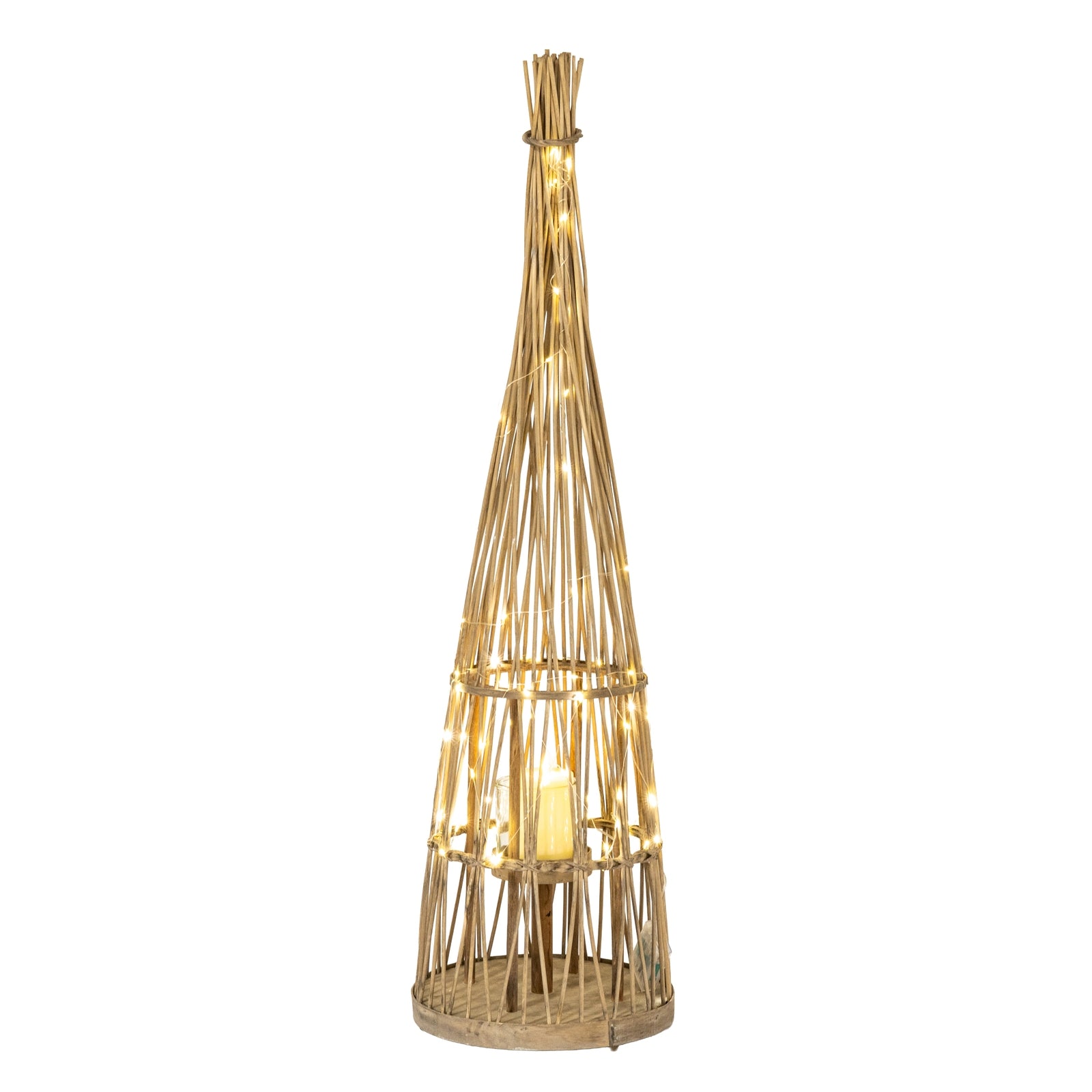 Small conical wicker lantern close detail of the woven cone