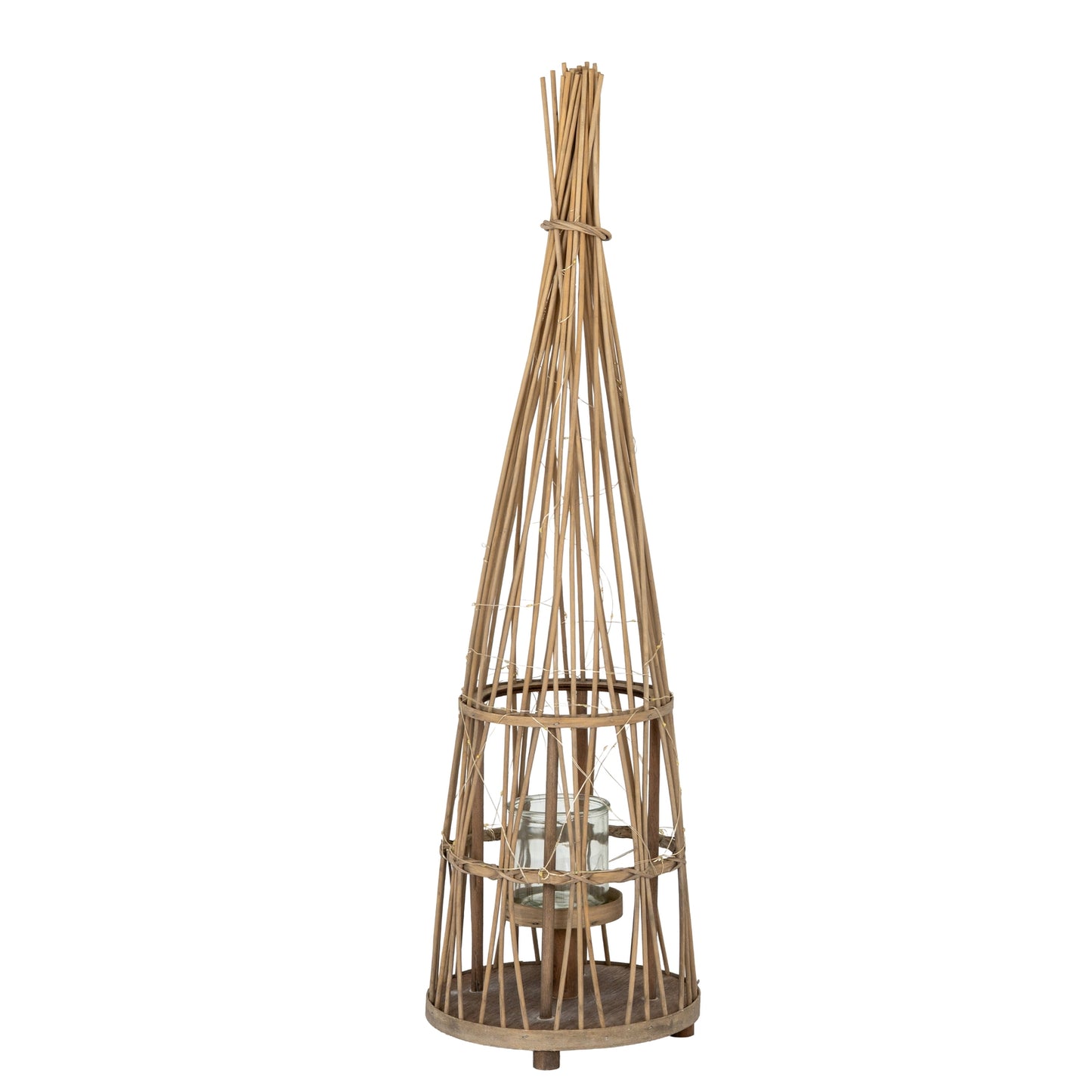 Small conical wicker lantern with glass holder and LED lights, 90cm