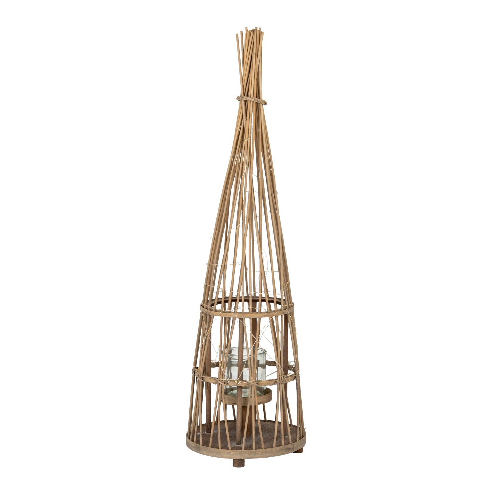 Small conical wicker lantern with glass holder and LED lights, 90cm