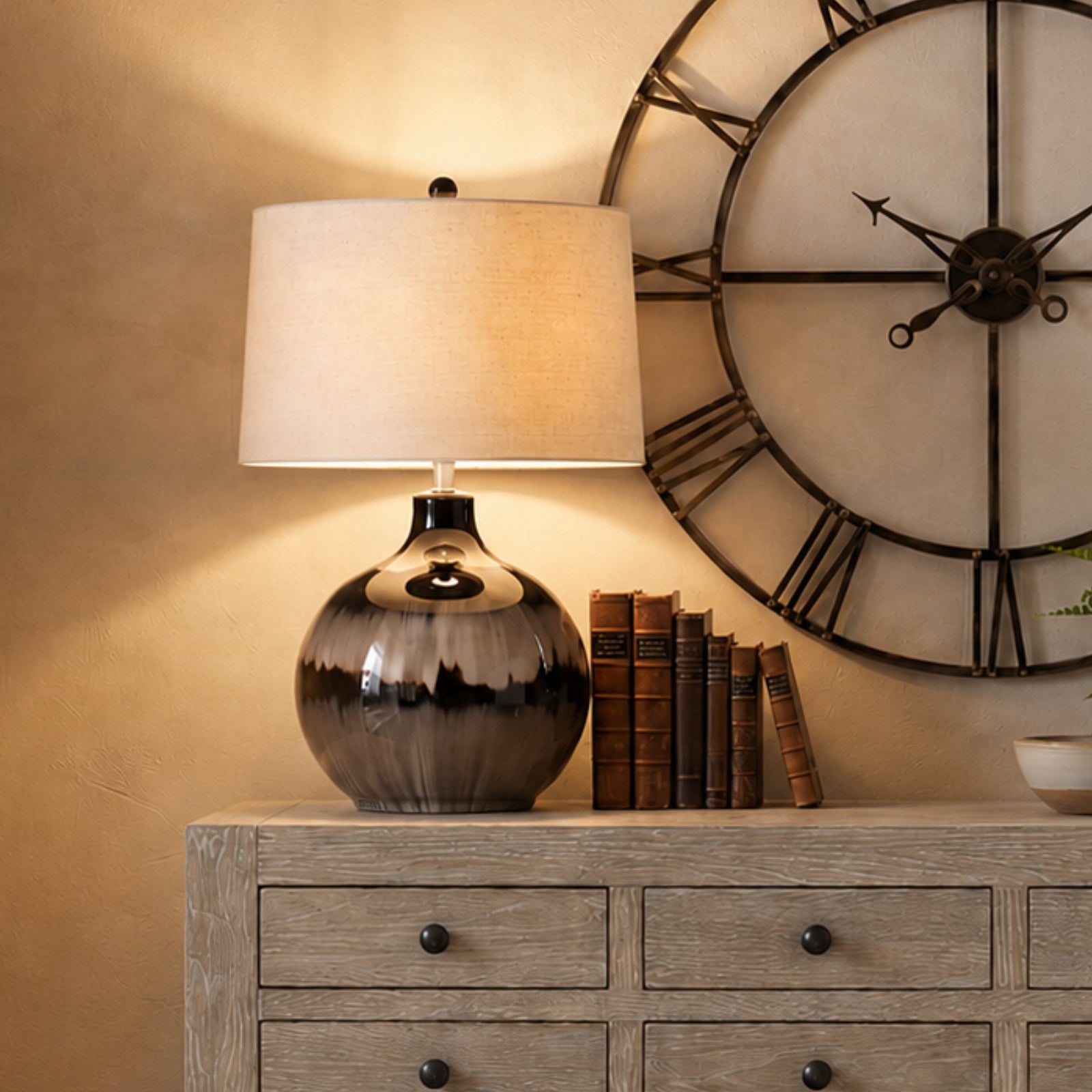 Sepia Shadows table lamp in layered warm glass with linen shade