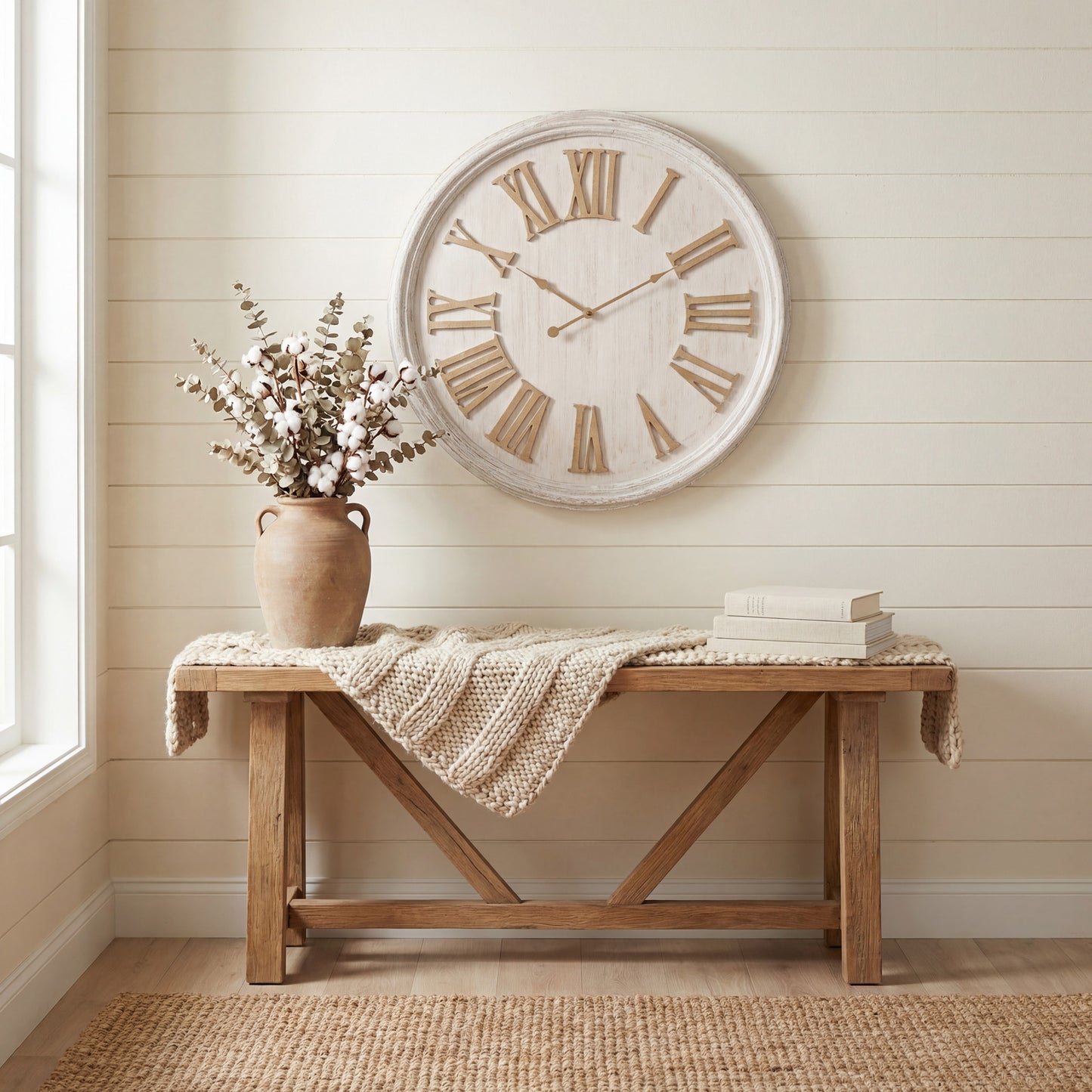 Round Whitewash Wooden Wall Clock Natural Wooden Numerals 60cm