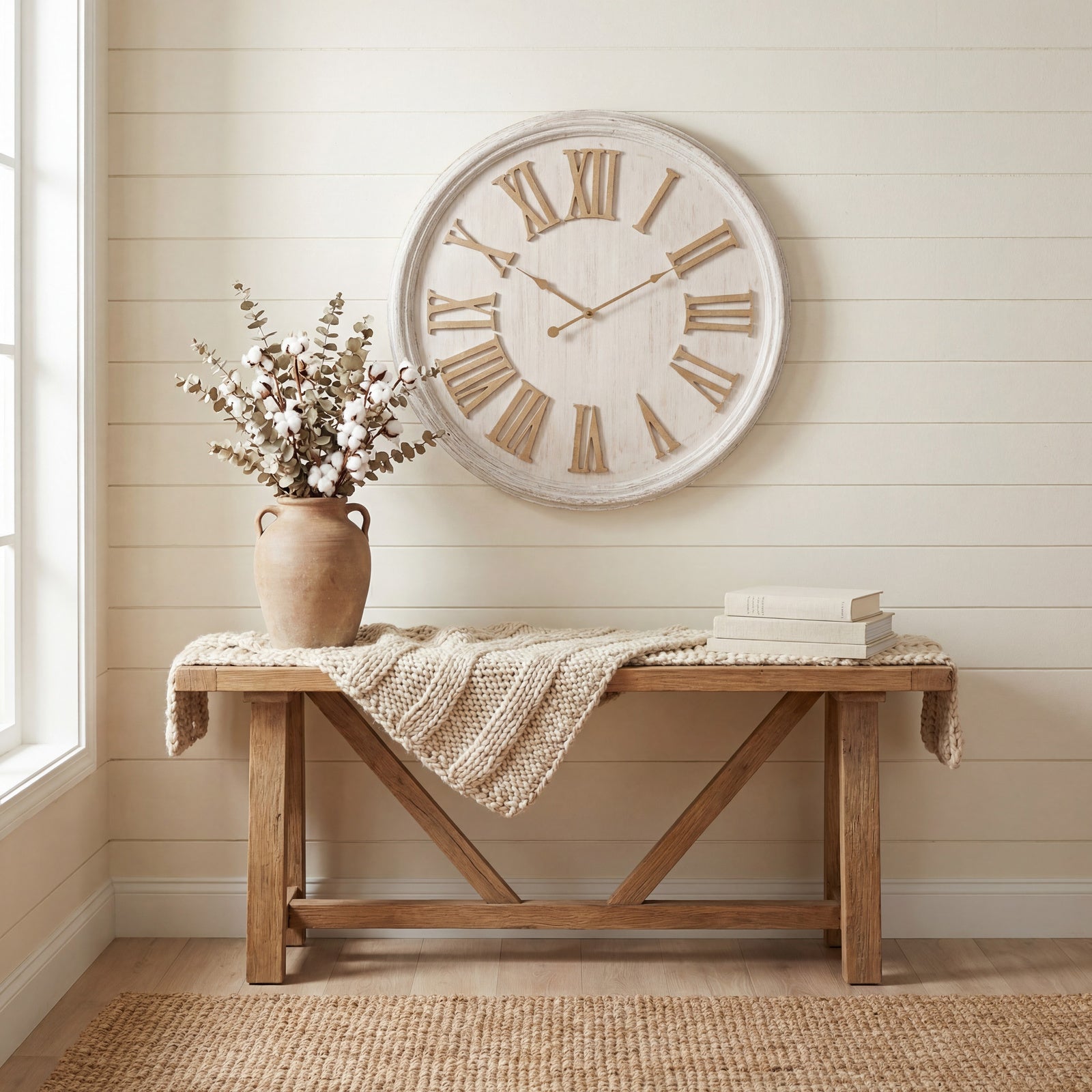 Round Whitewash Wooden Wall Clock Natural Wooden Numerals 60cm