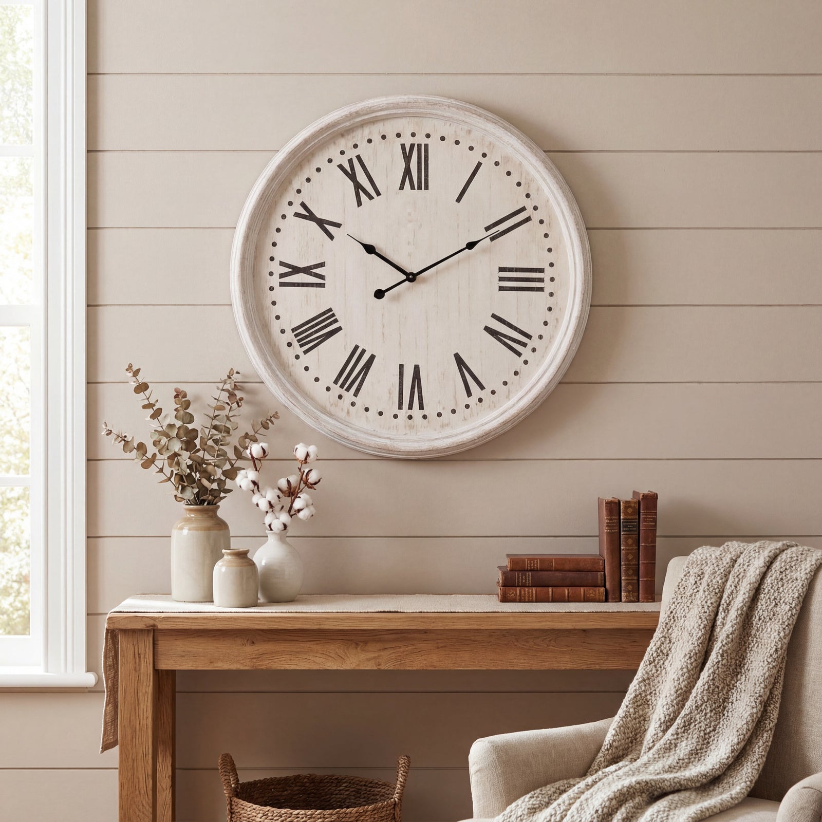 Round Whitewash Wooden Wall Clock Black Numerals 60cm