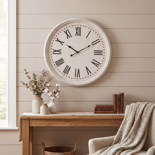 Round Whitewash Wooden Wall Clock Black Numerals 60cm