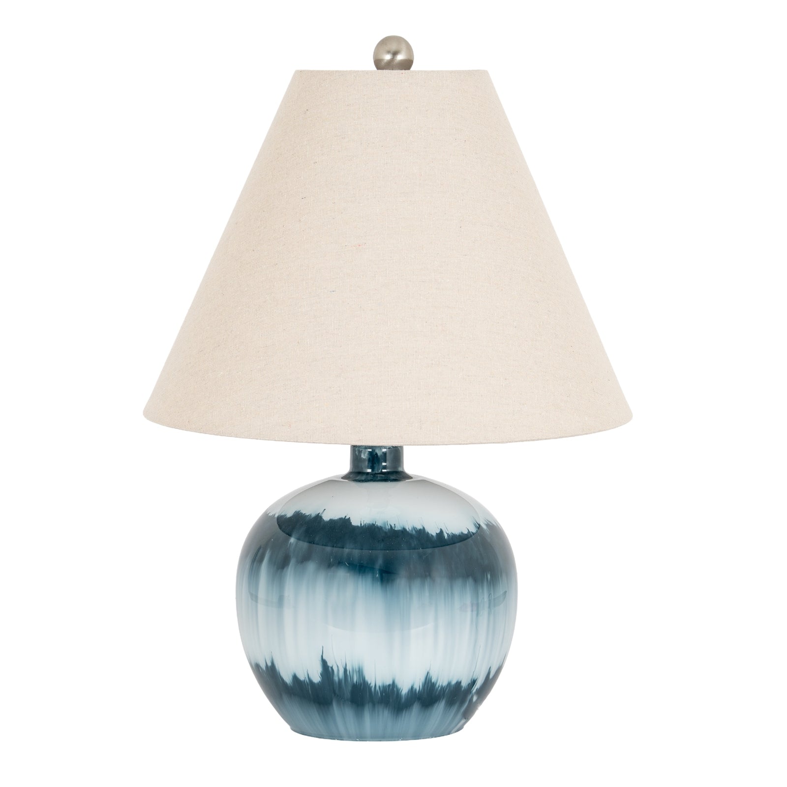 Ocean Shadows squat table lamp in layered blue glass with linen shade