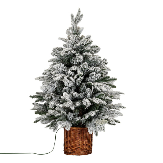 Snowy Norway Fir Pre-Lit 300 LED Christmas Tree In Rattan Pot