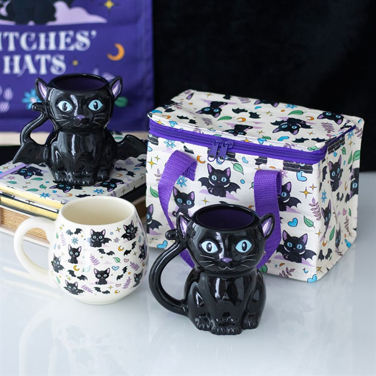 Black Cat Bat Wings Ceramic Mug 500ml | Spooky Halloween Cat Gift | Novelty Mug for Cat Lovers