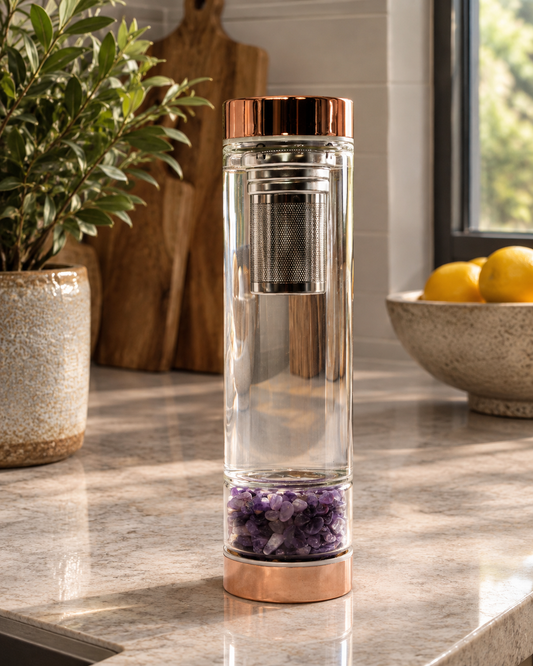 Amethyst Crystal Tea Infuser Bottle | Rose Gold Gemstone Glass Bottle | 500ml | Borosilicate Glass | Neoprene Cover | New