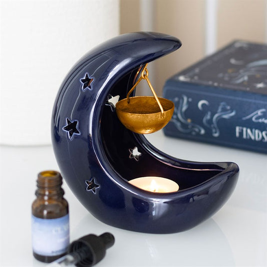 Blue Crescent Moon Hanging Oil Burner | Ceramic | Gold Dish | Tealight | New
