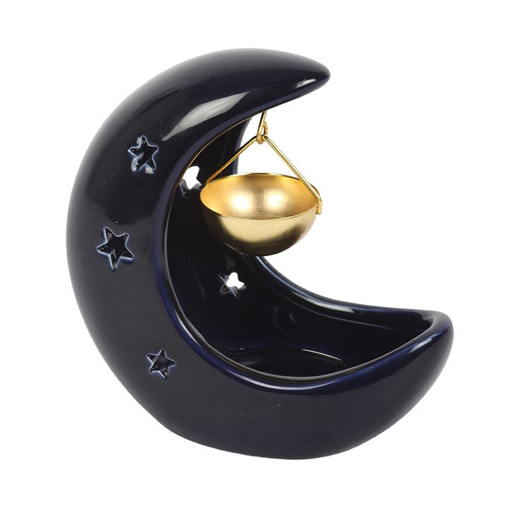 Blue Crescent Moon Hanging Oil Burner | Ceramic | Gold Dish | Tealight | New