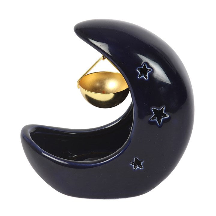 Blue Crescent Moon Hanging Oil Burner | Ceramic | Gold Dish | Tealight | New