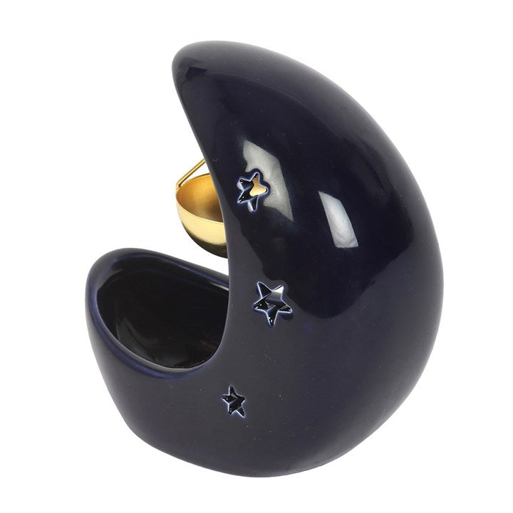 Blue Crescent Moon Hanging Oil Burner | Ceramic | Gold Dish | Tealight | New