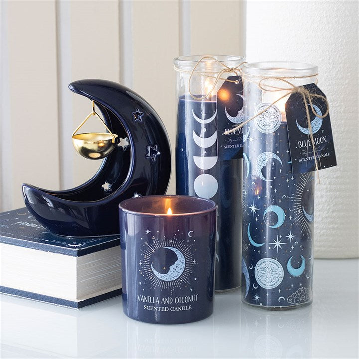 Blue Crescent Moon Hanging Oil Burner | Ceramic | Gold Dish | Tealight | New