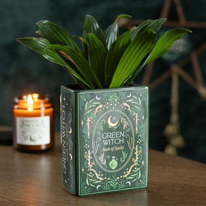 Green Witch Book Shaped Flower Vase | Ceramic | Witchy Home Decor | New