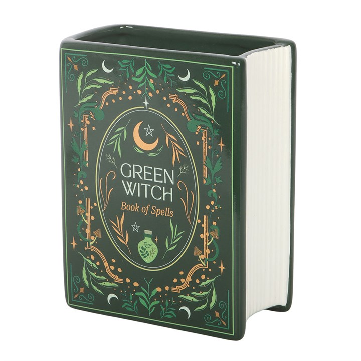 Green Witch Book Shaped Flower Vase | Ceramic | Witchy Home Decor | New