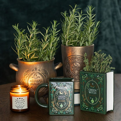 Green Witch Book Shaped Flower Vase | Ceramic | Witchy Home Decor | New