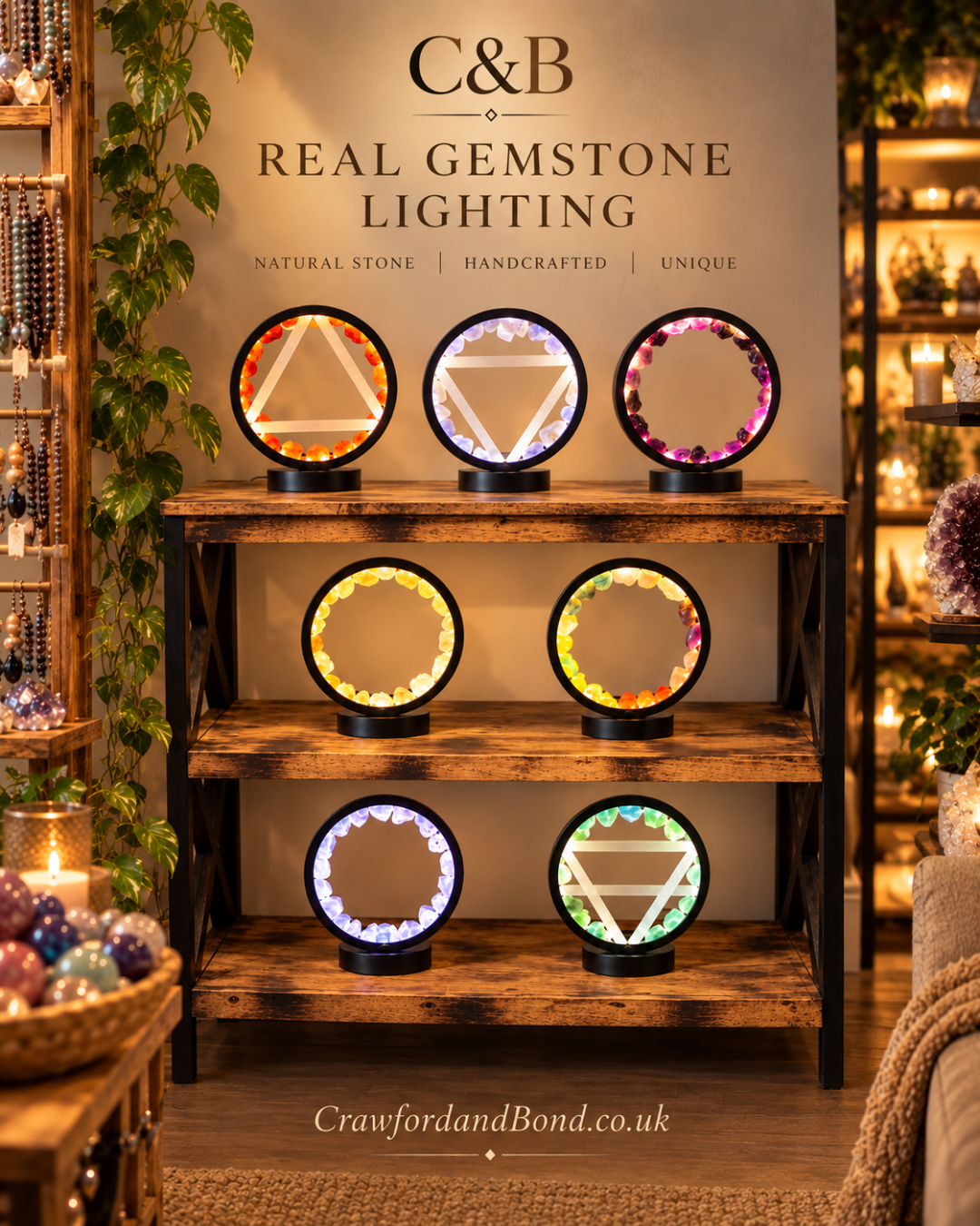 Fire Element gemstone halo lamp with carnelian and selenite, view 2