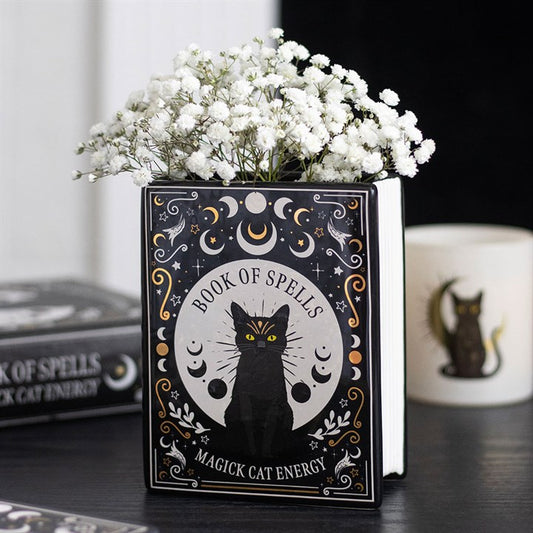 Black Cat Magick Book Shaped Flower Vase | Ceramic | Witchy Decor | New