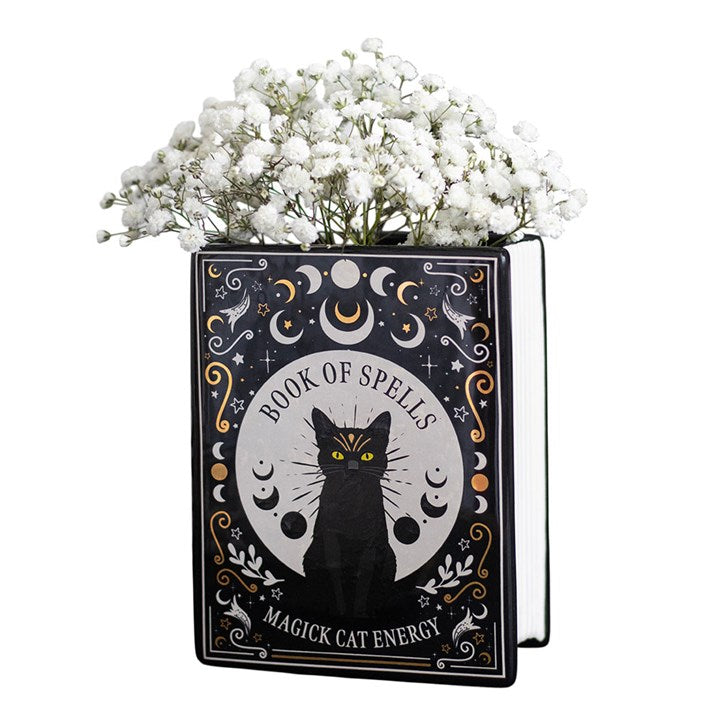 Black Cat Magick Book Shaped Flower Vase | Ceramic | Witchy Decor | New