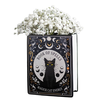 Black Cat Magick Book Shaped Flower Vase | Ceramic | Witchy Decor | New