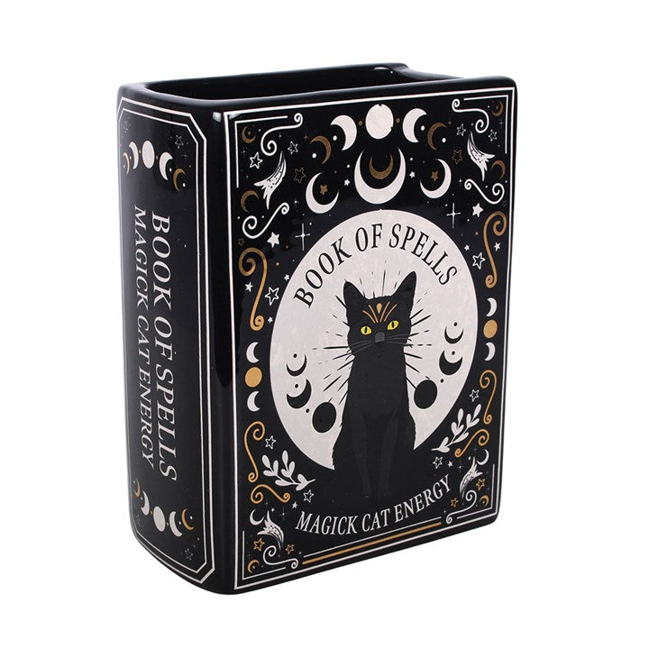 Black Cat Magick Book Shaped Flower Vase | Ceramic | Witchy Decor | New