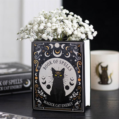 Black Cat Magick Book Shaped Flower Vase | Ceramic | Witchy Decor | New
